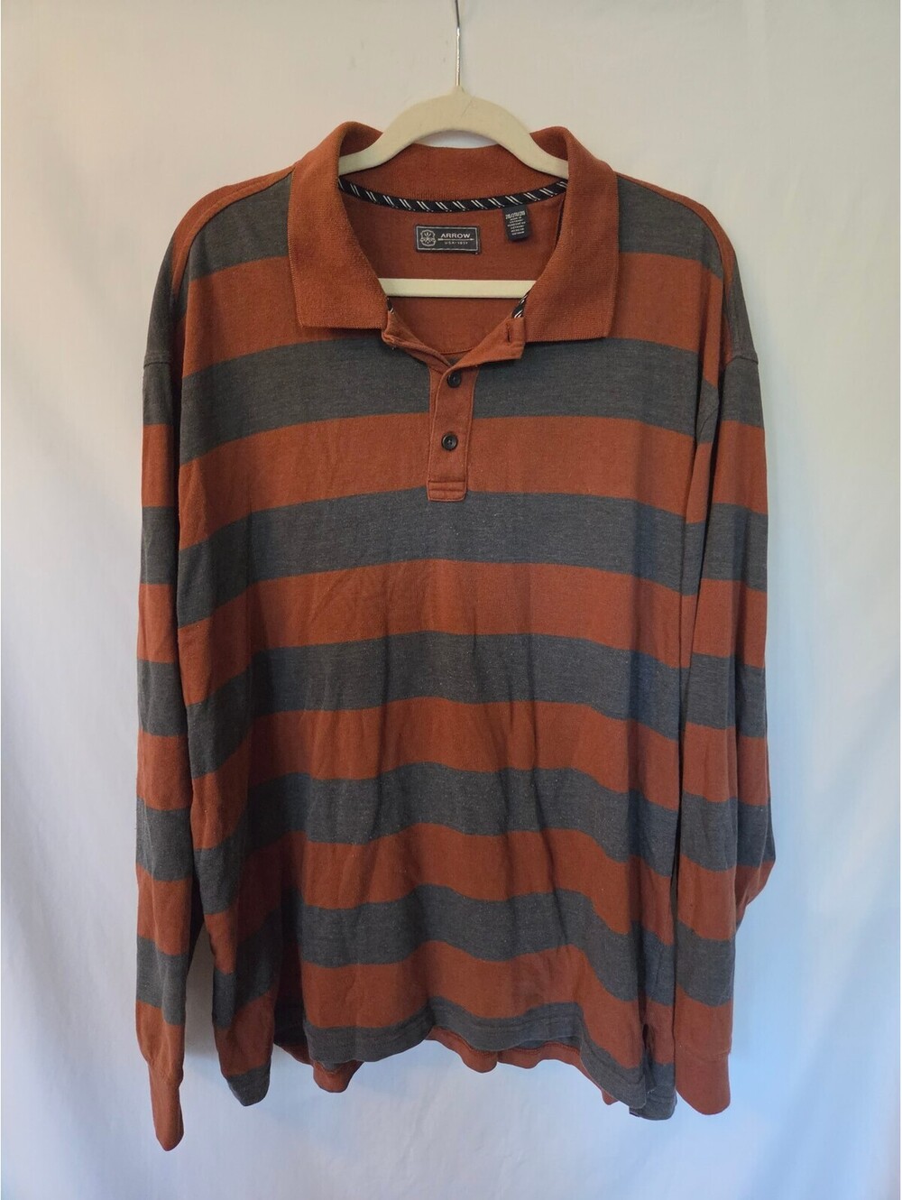 Arrow USA 1851 Mens 2XL Long Sleeve Polo Rugby Shirt Rust Gray Striped Preppy